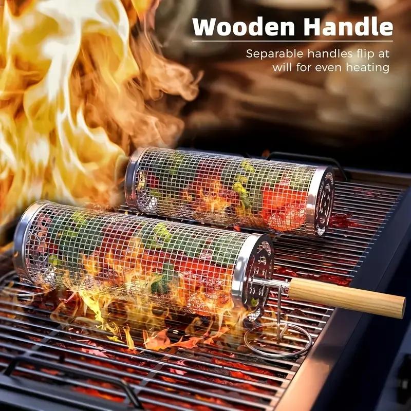 Camping Outdoor Cooking Set - Voedselveilige roestvrijstalen ronde BBQ-grillmandenset, cilindrische grillrek
